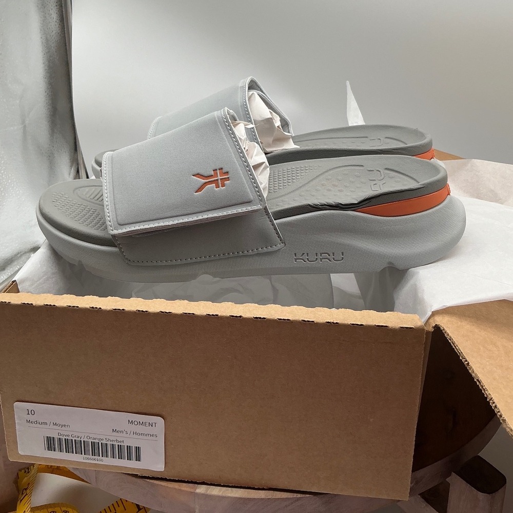 KURU Moment Mens Slides Dove Gray Orange Sherbet Orthopedic Sandals Size 10 NEW